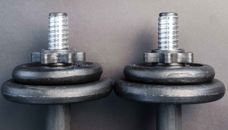 pair of fingerless gloves and adjustable dumbbells